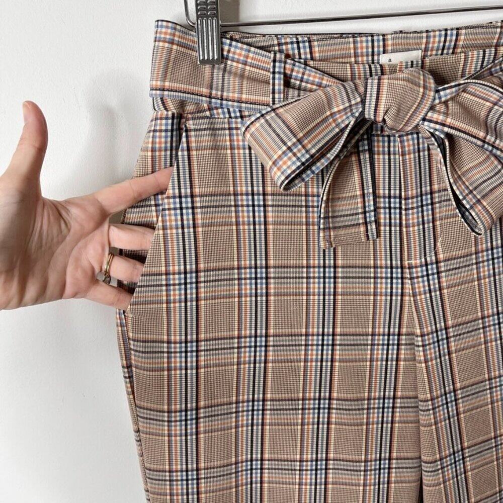 A New Day Womens Trouser Pants 2 High-Rise Brown Plaid Belted Tie Waist Straight - Picture 4 of 8